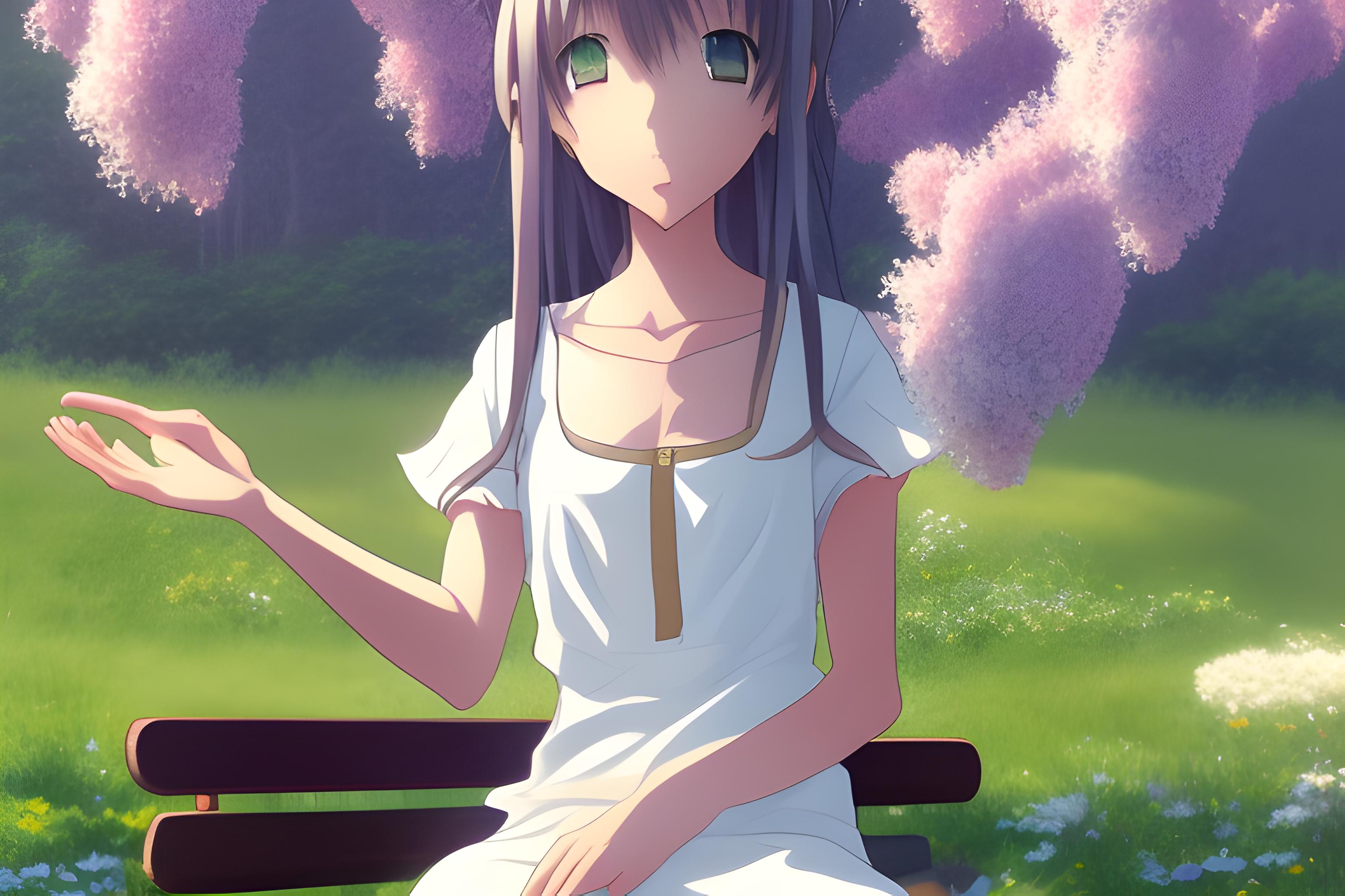 prompthunt: anime girl sitting on a bench, highly accurate and  proportional, spring time, cherry blossom in the background